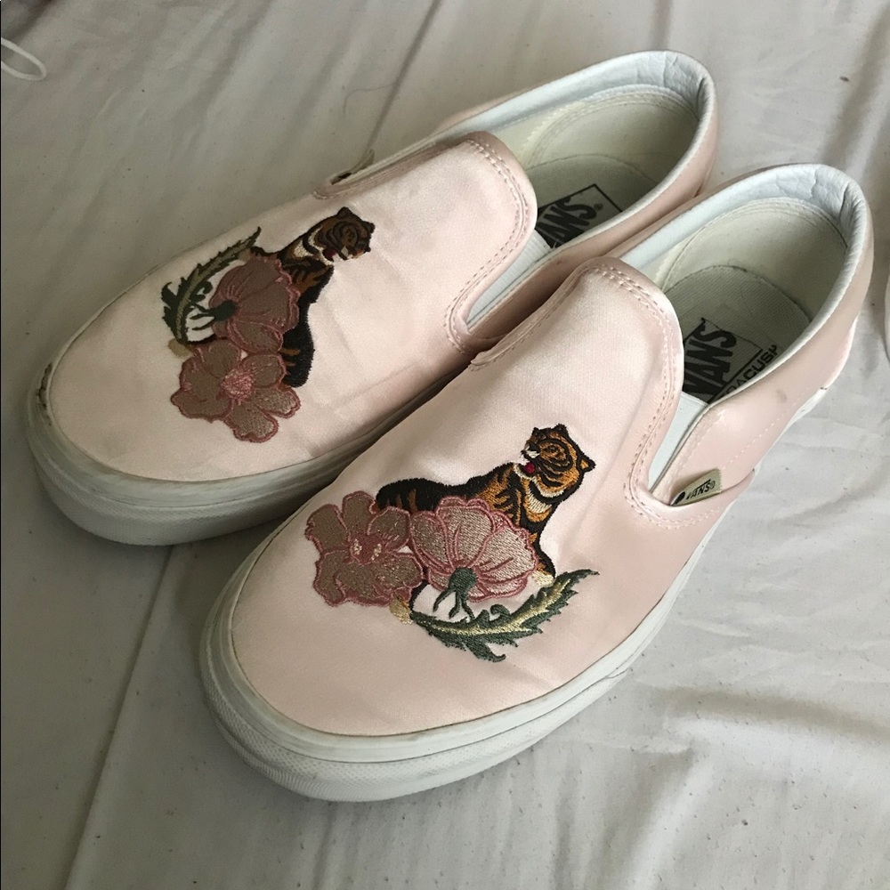 Size 10 Slip On Embroidered Pink Satin Vans